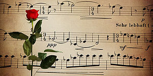 Disegno di uno spartito musicale ed una rosa