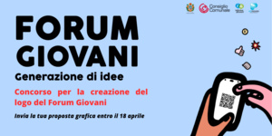 sfondo azzurro con scrita nera Forum Giovani e scritta rossa Concorso logo Forum Giovani etc..