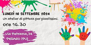 locandina con macchie di vernice colorata e mani sporche di vernice