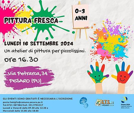 locandina con macchie di vernice colorata e mani sporche di vernice
