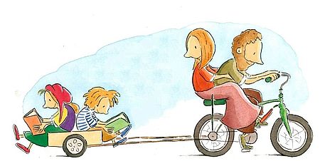 Particolare immagine di Peter Carnavas di un libro raffigurante genitori e bambini in bicicletta