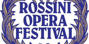 Scritta Rossini opera Festival in blu, incorniciata da foglie intrecciate