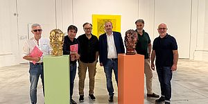 Claudio Olmeda presidente Fondazione Pescheria, il sindaco Andrea Biancani, Luigi Carboni, l'assessore alla cultura Daniele Vimini, Marco Scriboni direttore Fondazione Pescheria, Marcello Smarrelli direttore artistico di Pesaro Musei e curatore della mostra