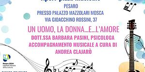 locandina a sfondo bianco con bolle colortae chitarra e note