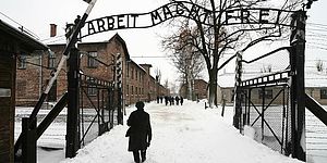 viale innevato cancelli di Auschwitz