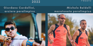 immagini di 2 atleti paralimpici: arciere e maratoneta. Data e luogo incontro in arancio su sfondo grigio scuro