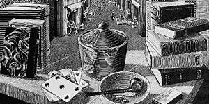 Immagine di oggetti e libri davanti ad una via