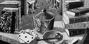 Immagine di oggetti e libri davanti ad una via