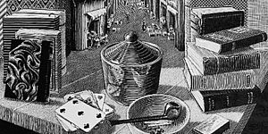 Immagine di oggetti e libri davanti ad una via