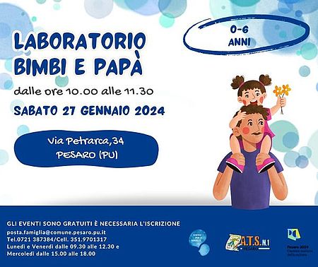 locandina bianca con sfondo bianco e bolle azzurre e verde acqua con un papà che tiene sulle spalle la figlia