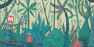 Disegno di ragazzo che esce dalla metropolitana in mezzo alla foresta