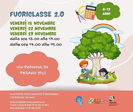  immagine di bambini che studiano sotto un albero disegno è visibile l'arcobaleno e alcuni oggetti scolastici. 