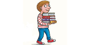 Particolare copertina di un libro raffigurante un bambino con quattro libri che cammina