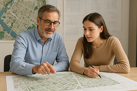 Immagine generata dall'IA con un uomo e una giovane donna che consultano una cartina topografica
