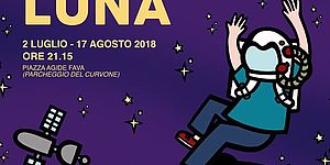 locandina Cinema sotto la luna 2018, cielo blu scuro stellato con terra e luna e astronauta 