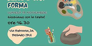 immagine a sfondo verde con oggetto in creta, tavolozza di colori e bicchiere con pennelli