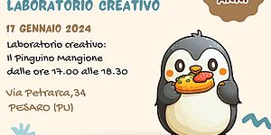 locandina bianca e azzurra con disegno di un pinguino che mangia