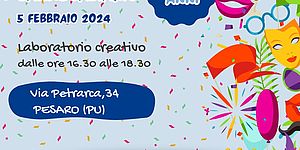 locandina con sfondo azzurro maschere e coriandoli
