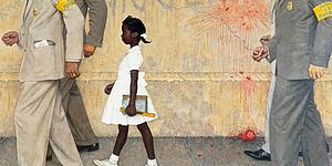 disegno di una bambina che cammina con uomini davanti e dietro