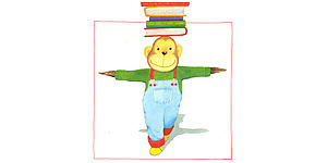 Disegno di una scimmia che tiene dei libri sulla testa