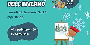 immagine con fiocchi di neve e omino di spalle che disegna alberi innevati