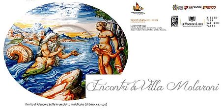 immagine tratta dalla locandina  il mito di Glauco e Scilla in un piatto maiolicato (Urbino ca., 1570)