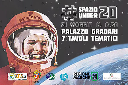 Locandina con Astronauta (Jurij Gagarin) e sullo sfondo lo spazio