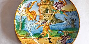 coppa istoriata, Icaro, manifattura Orazio Fontana, Urbino, 1540-1560