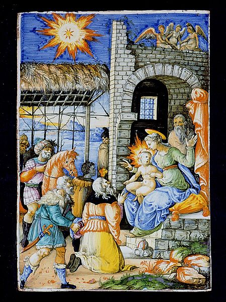 Adorazione dei Magi, Urbino metà XVI secolo maiolica. Pesaro Musei Civici