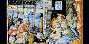 Adorazione dei Magi, Urbino metà XVI secolo maiolica. Pesaro Musei Civici