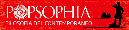 Logo PopSophia con base rossa e scritta bianca, figura nera di guerriero in primo piano