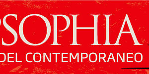 Logo PopSophia con base rossa e scritta bianca, figura nera di guerriero in primo piano