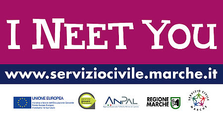 scritt "I neet you" su fondo viola e sito servizio civile Regione marche e loghi sotto