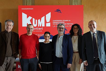 Presentazione di KUM! Festival; da sinistra: Riccardo Rossini dirigente Istituto Cecchi, Ricci, Murgia, Paolo Marasca presidente associazione MOLO, Eleonora Bigelli responsabile produzione KUM!, Vimini