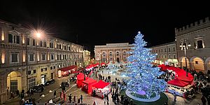 piazza allestita per Natale con albero illuminato