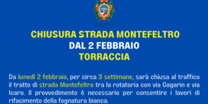 locandina Chiusura Strada Montefeltro per lavori su sfondo blu