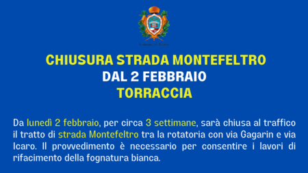 locandina Chiusura Strada Montefeltro per lavori su sfondo blu