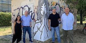 La “Madonna dell’alluvione” in via Belgioioso. La presentazione dell'artista Alessandro Baronciani con gli assessori Daniele Vimini, Camilla Murgia, Enzo Belloni