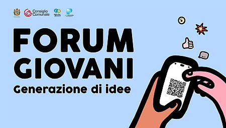 Locandina con sfondo azzurro, scritte nere Forum Giovani - generazione di idee, mano che tiene un cellulare