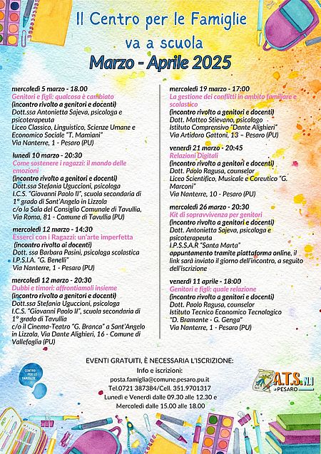 Il Centro per le famiglie va a scuola (appuntamenti di marzo/aprile)