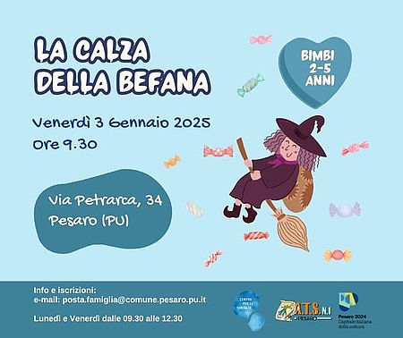 immagine con sfondo azzurro e disegno della Befana con la scopa