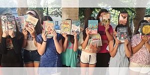 immagine ragazzi con libri che coprono i volti