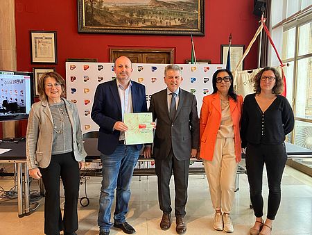 Marta Mancini presidente Ente Concerti, Daniele Vimini vicesindaco e assessore alla Cultura del Comune di Pesaro, Alessandro Valenti presidente di Ente cespia di Roma e curatore scientifico del progetto, prof.ssa Antonella Micaletti/Accademia di Belle Arti di Urbino, Chiara Galli direttrice di LiberaMusica.