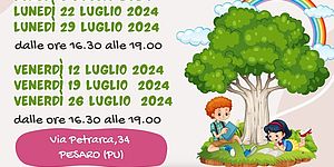 locandina con disegno di bambini che studiano all'ombra di un albero e disegni di strumenti scolastici