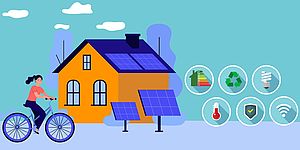 Casa con pannelli fotovoltaici bicicletta