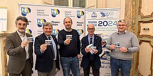 Silvano Straccini, direttore Pesaro 2024; Marco Silla, presidente Unpli regionale; Daniele Vimini, vicesindaco assessore alla Bellezza; Pierpaolo Diotallevi, consigliere nazionale Unpli; Damiano Bartocetti, presidente Unpli provinciale.