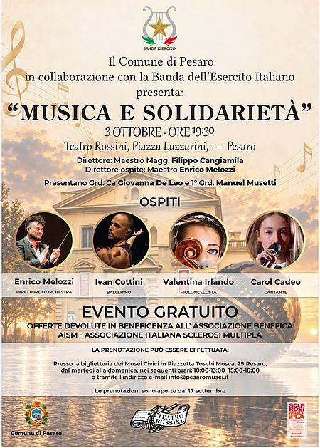 “Musica e solidarietà”, la Banda nazionale dell’Esercito Italiano in concerto al Teatro Rossini di Pesaro locandina