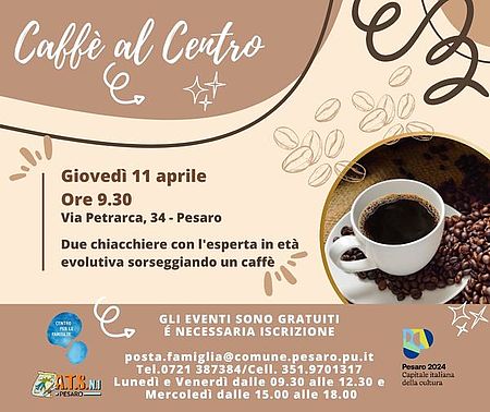 Caffè al centro locandina con chicchi e tazzina di caffè