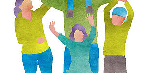 famiglia in cerchio i cui componenti si tengono per mano