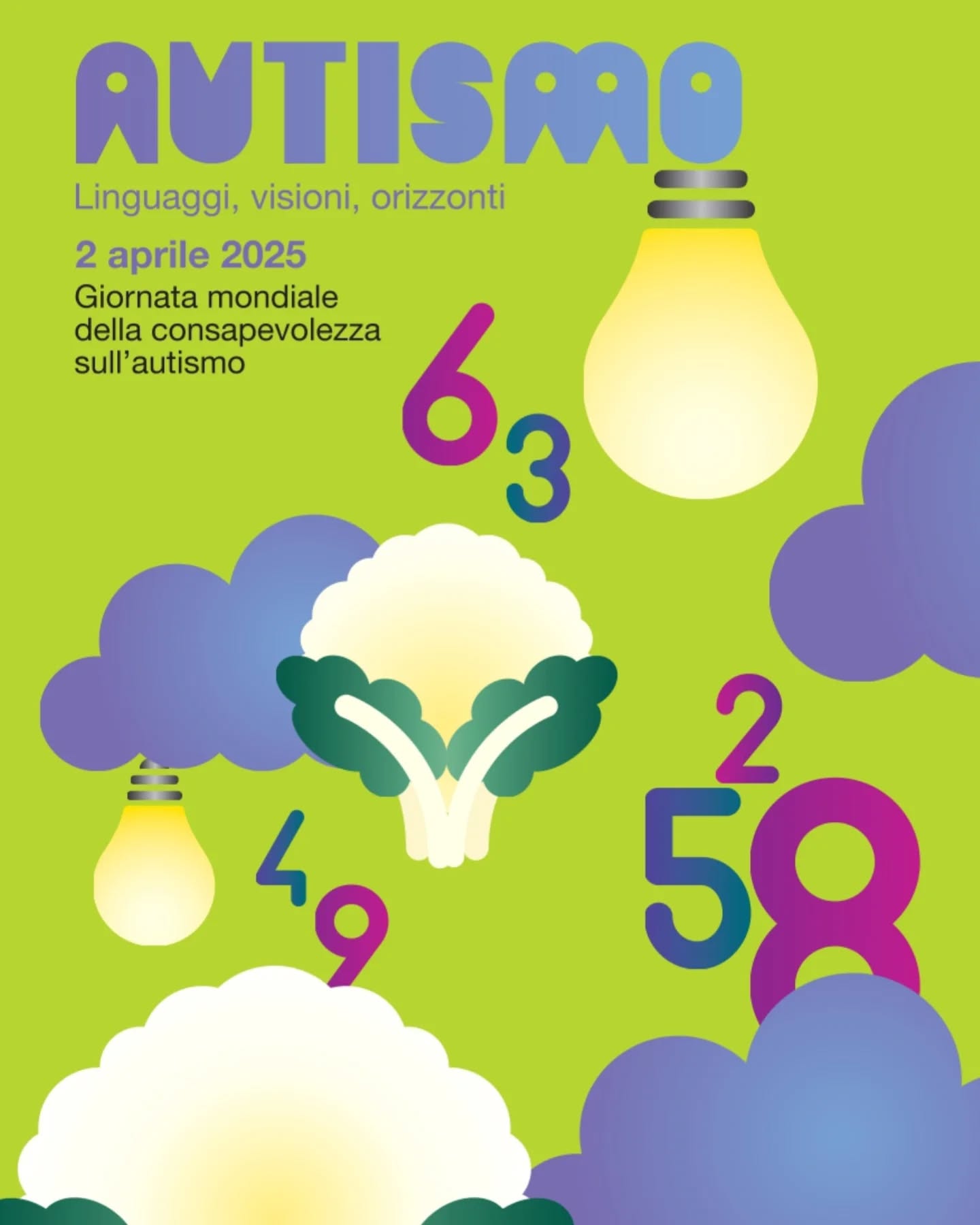 locandina Autismo: fondo verde con titolo viola...
